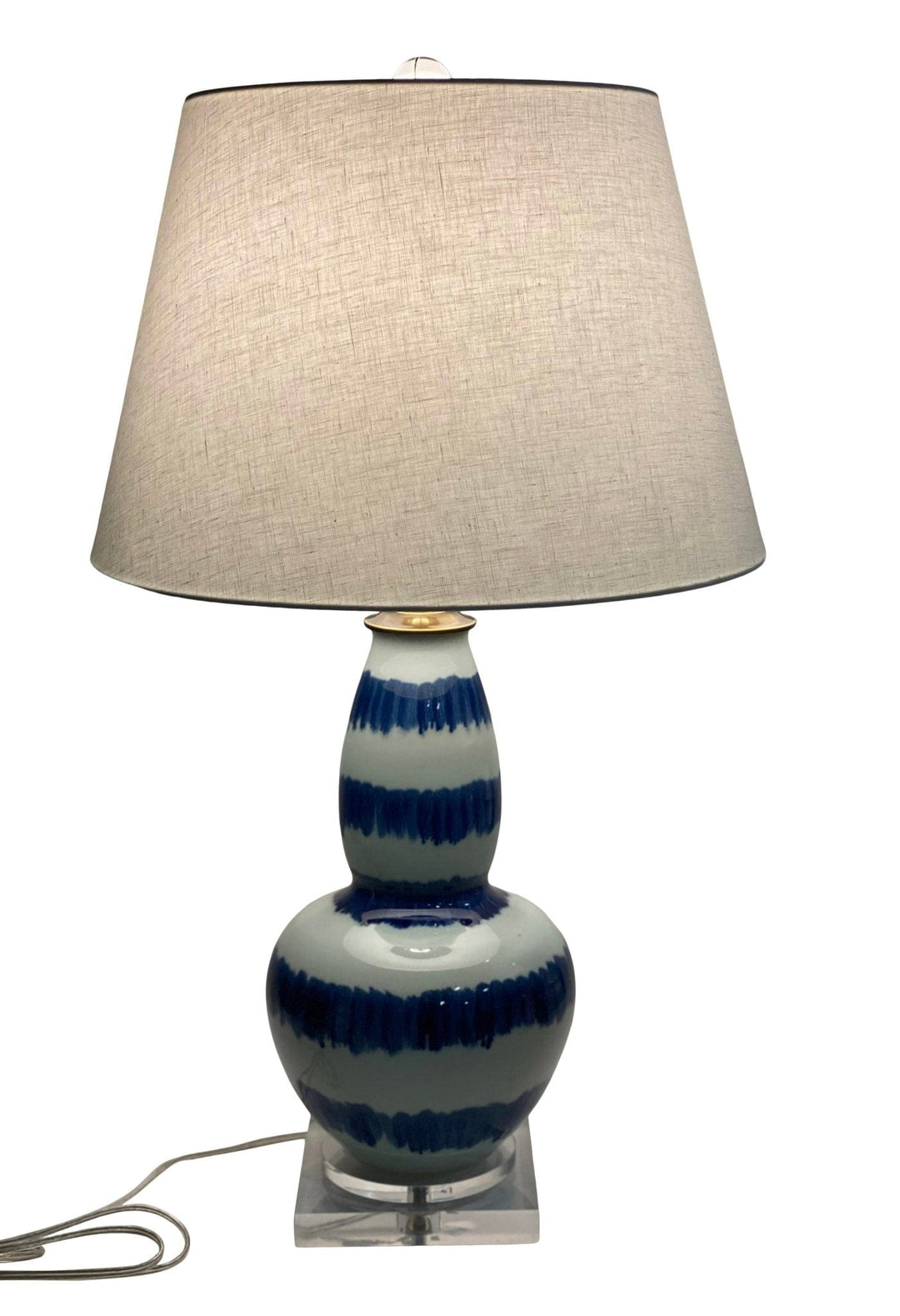 30" Splashed Blue and White Double Gourd Vase Lamp & 18" Linen Pembroke Shade - Lux Lamp Shades