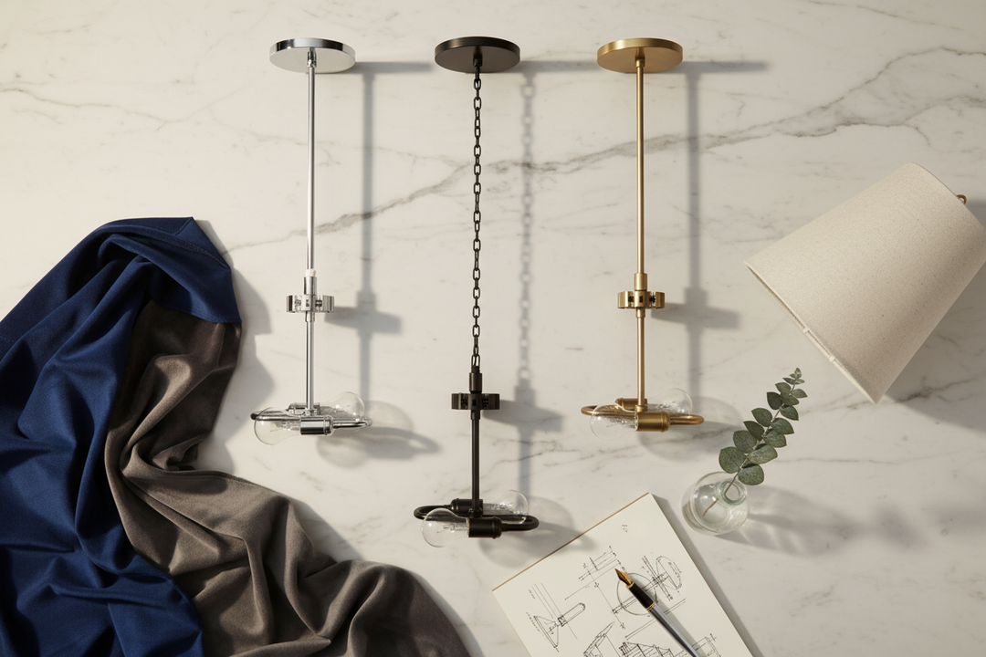 Mutare pendant showing three hardware options - white rod, black cord, and brass chain with lampshades