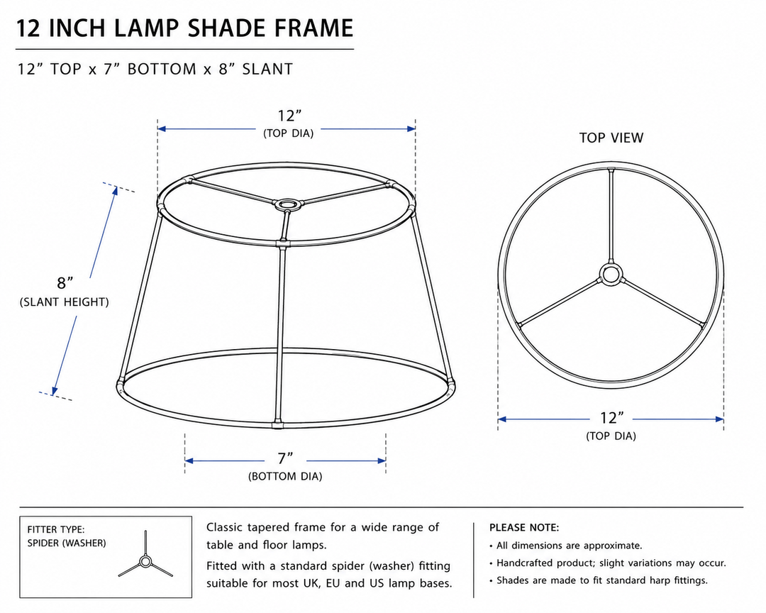 A product dimension diagram for a 12-inch lamp shade frame, showing front, top, and side views with measurements for top diameter, bottom diameter, and slant height on a white background.