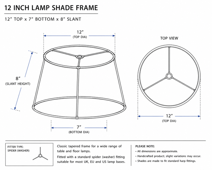A product dimension diagram for a 12-inch lamp shade frame, showing front, top, and side views with measurements for top diameter, bottom diameter, and slant height on a white background.
