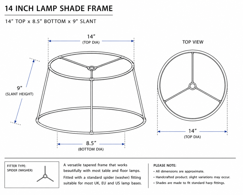A product dimension diagram for a 14-inch lamp shade frame, showing front and top views with labeled measurements, including 14" top diameter, 8.5" bottom diameter, and 9" slant height.