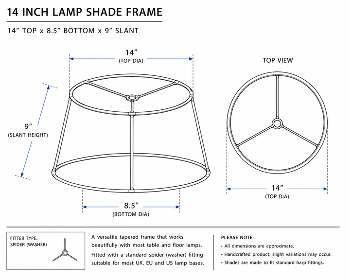 A product dimension diagram for a 14-inch lamp shade frame, showing front and top views with labeled measurements, including 14" top diameter, 8.5" bottom diameter, and 9" slant height.