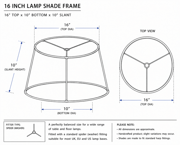 Black and white technical diagram showing a 16-inch lamp shade frame with labeled dimensions, top and side views, and fit information for a spider washer.