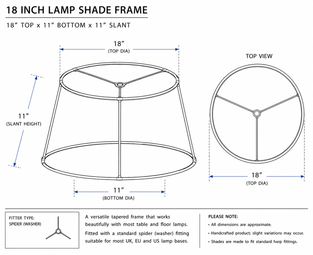 Black and white technical diagram showing an 18-inch lamp shade frame with labeled dimensions, including top diameter, bottom diameter, and slant height, plus a top view and fit type note.