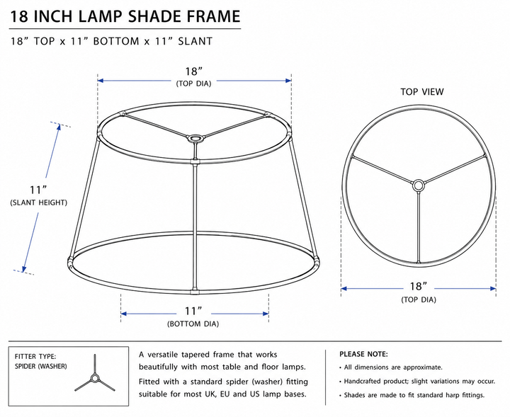 Black and white technical diagram showing an 18-inch lamp shade frame with labeled dimensions, including top diameter, bottom diameter, and slant height, plus a top view and fit type note.