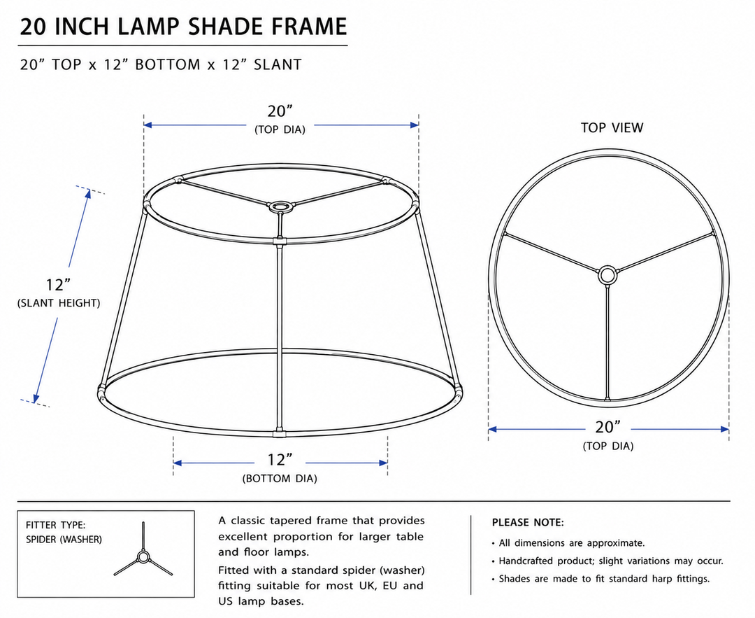 Technical dimension diagram of a 20-inch lamp shade frame, showing front and top views with labeled measurements, slant height, and fit type on a white background.