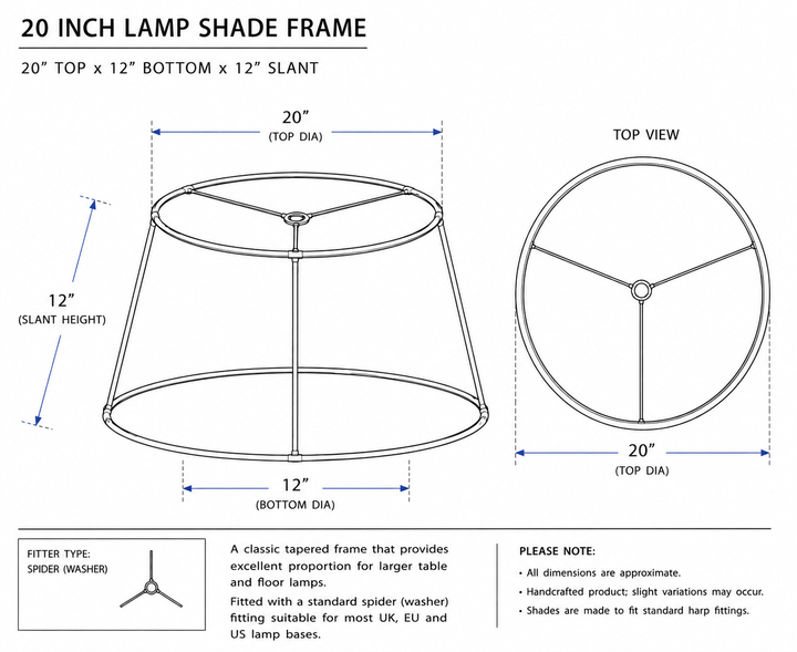 Technical dimension diagram of a 20-inch lamp shade frame, showing front and top views with labeled measurements, slant height, and fit type on a white background.