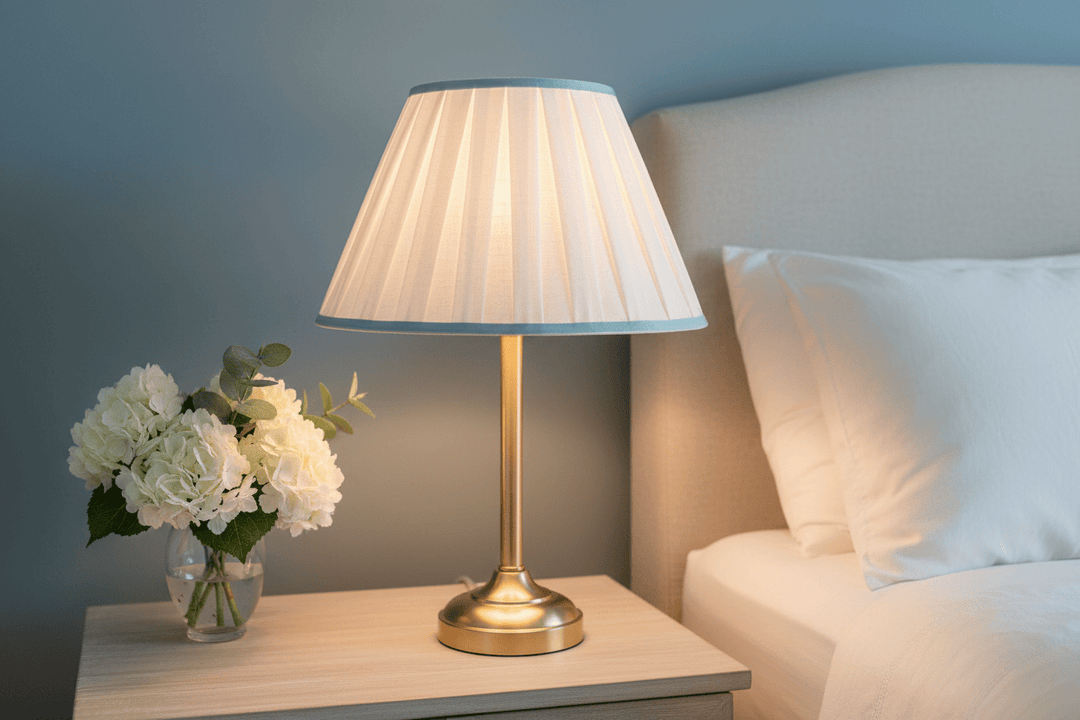 White linen box pleat empire lampshade with light blue trim on brass table lamp in coastal bedroom
