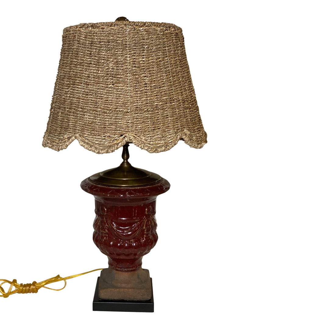 29" Burgundy Stoneware Flower Pot Lamp & 16" Scalloped Seagrass Lampshade - Lux Lamp Shades