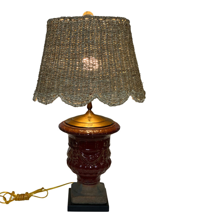 29" Burgundy Stoneware Flower Pot Lamp & 16" Scalloped Seagrass Lampshade - Lux Lamp Shades